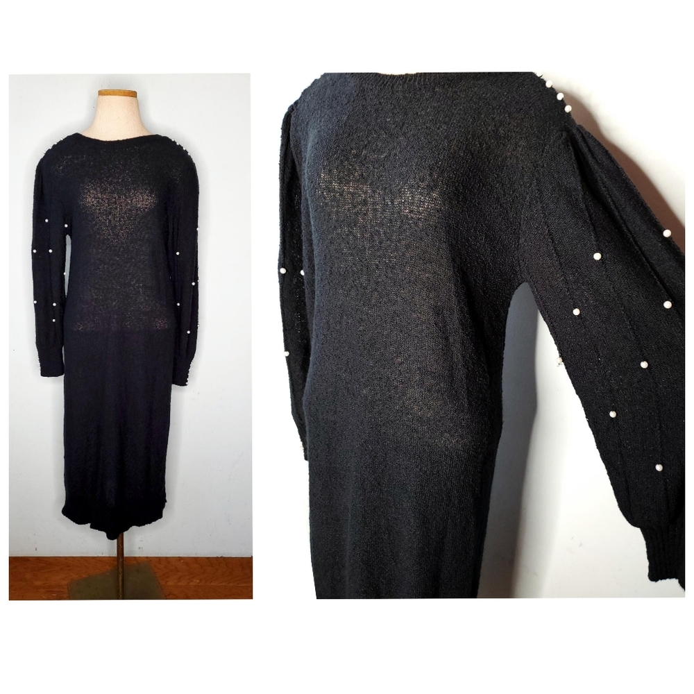 Vintage 80s Black Beaded Knit Sweater Dress with Pearl Accents Size Small